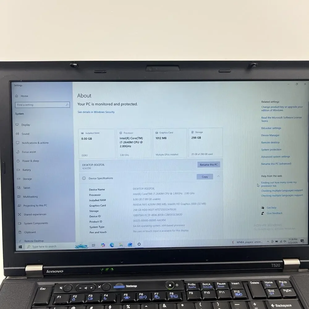 Lenovo ThinkPad T520 Intel i7-2640M 8GB 320GB HDD Win 10 w/ Charger|ELP74, READ